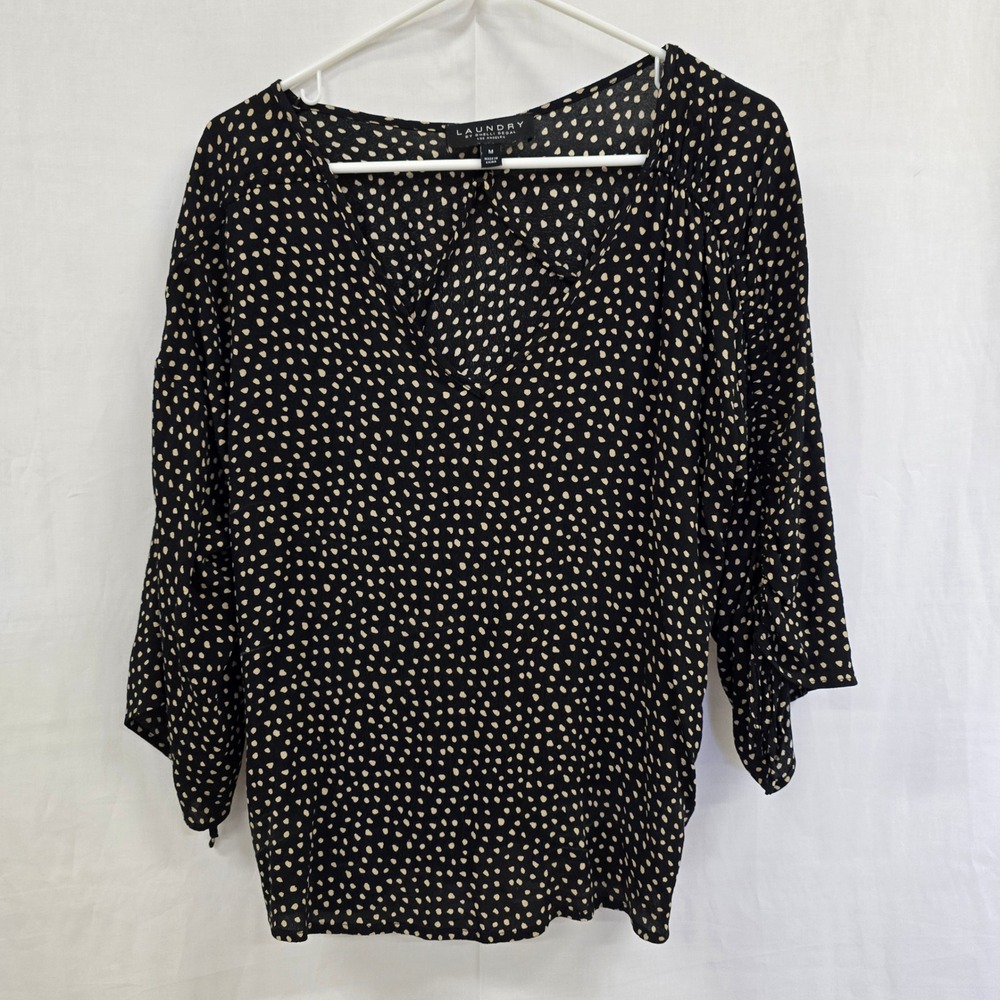 Laundry by Shelli Segal Womens Black Tan Polka Dot V-Neck Blouse Ruched Sleeve M